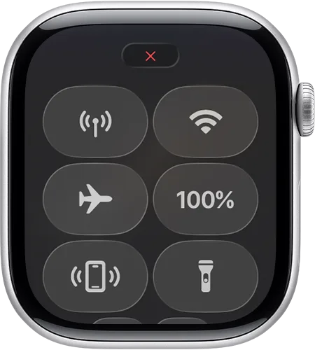 Central de Controle do Apple Watch com o X vermelho no topo, indicando que o relógio está desconectado do iPhone