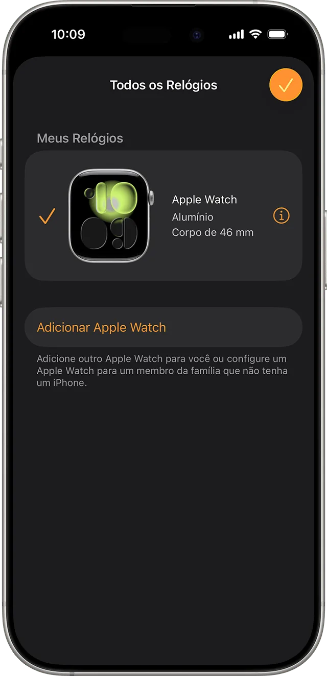 Tela do app Apple Watch em Todos os Relógios, com o botão de informações ao lado do relógio pareado