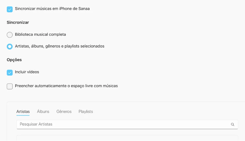 Aba Música do app Dispositivos Apple no Windows, com a opção Sincronizar Músicas ativada e as caixas de seleção para escolher artistas, álbuns, gêneros e playlists.