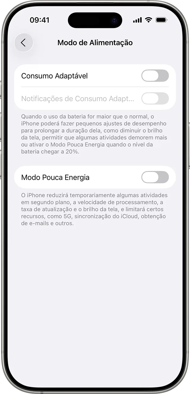Tela Modo de Energia do iPhone no iOS 26 mostrando a opção Consumo Adaptável logo acima do Modo Pouca Energia