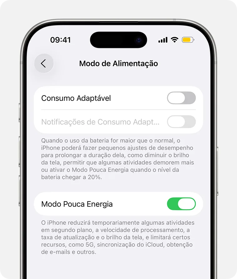 Tela Modo de Energia do iPhone com o Modo Pouca Energia ativado e o ícone da bateria amarelo na barra de status