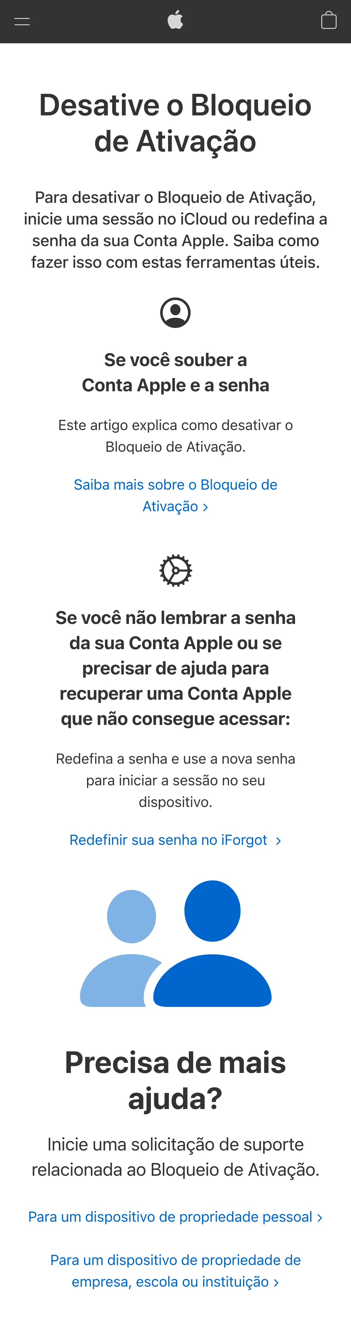 Tela inicial da solicitação de suporte do Bloqueio de Ativação em al-support.apple.com, em português, com as opções para dispositivo de propriedade pessoal ou de empresa, escola ou instituição