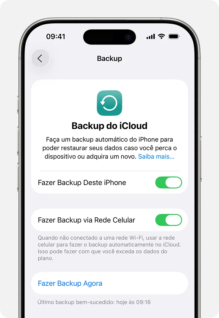 Tela Backup do iCloud no iPhone com a chave “Fazer Backup Deste iPhone” ligada, o botão “Fazer Backup Agora” e a data do último backup bem-sucedido logo abaixo