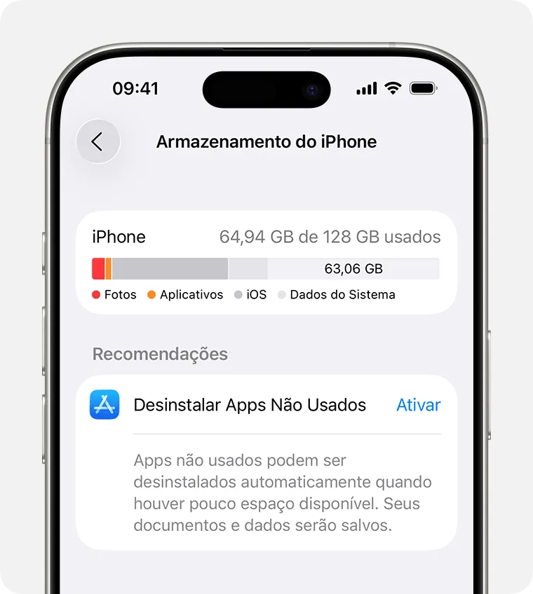 Tela Armazenamento do iPhone com a barra colorida dividida em Fotos, Aplicativos, iOS e Dados do Sistema, e o card de Recomendações logo abaixo
