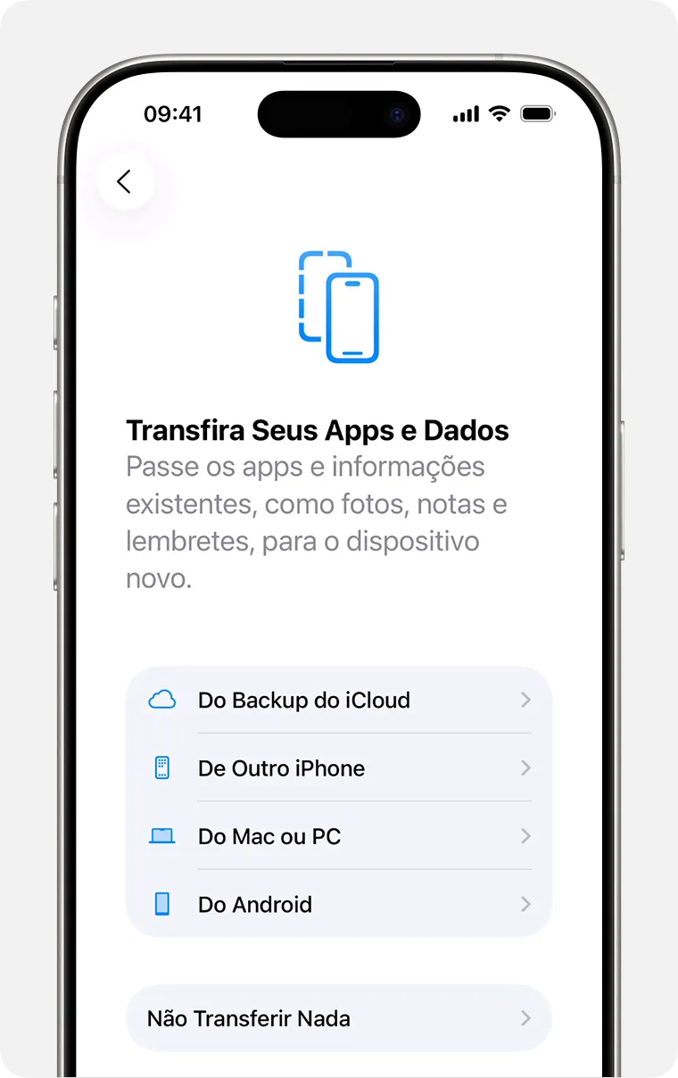 Tela Transfira Seus Apps e Dados na configuração inicial do iPhone, com a opção Do Backup do iCloud em destaque no topo da lista
