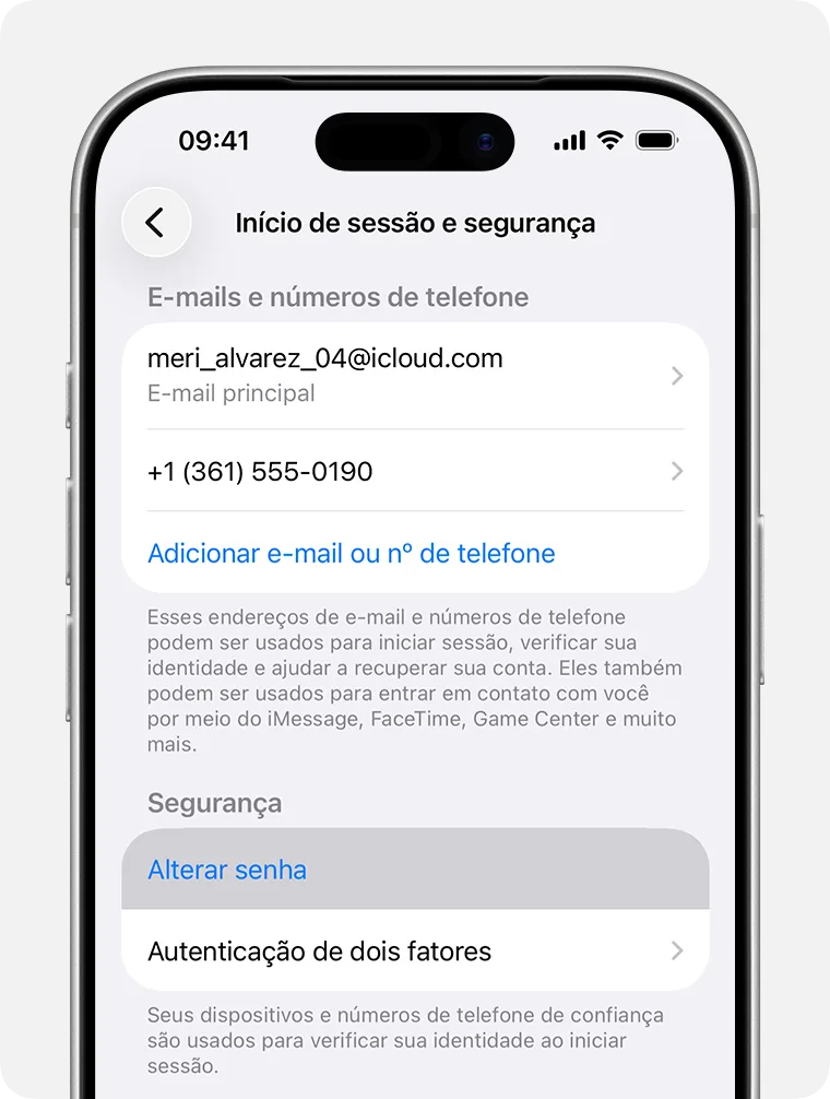 Tela Início de Sessão e Segurança nos Ajustes do iPhone com a opção Alterar Senha destacada, no iOS 26