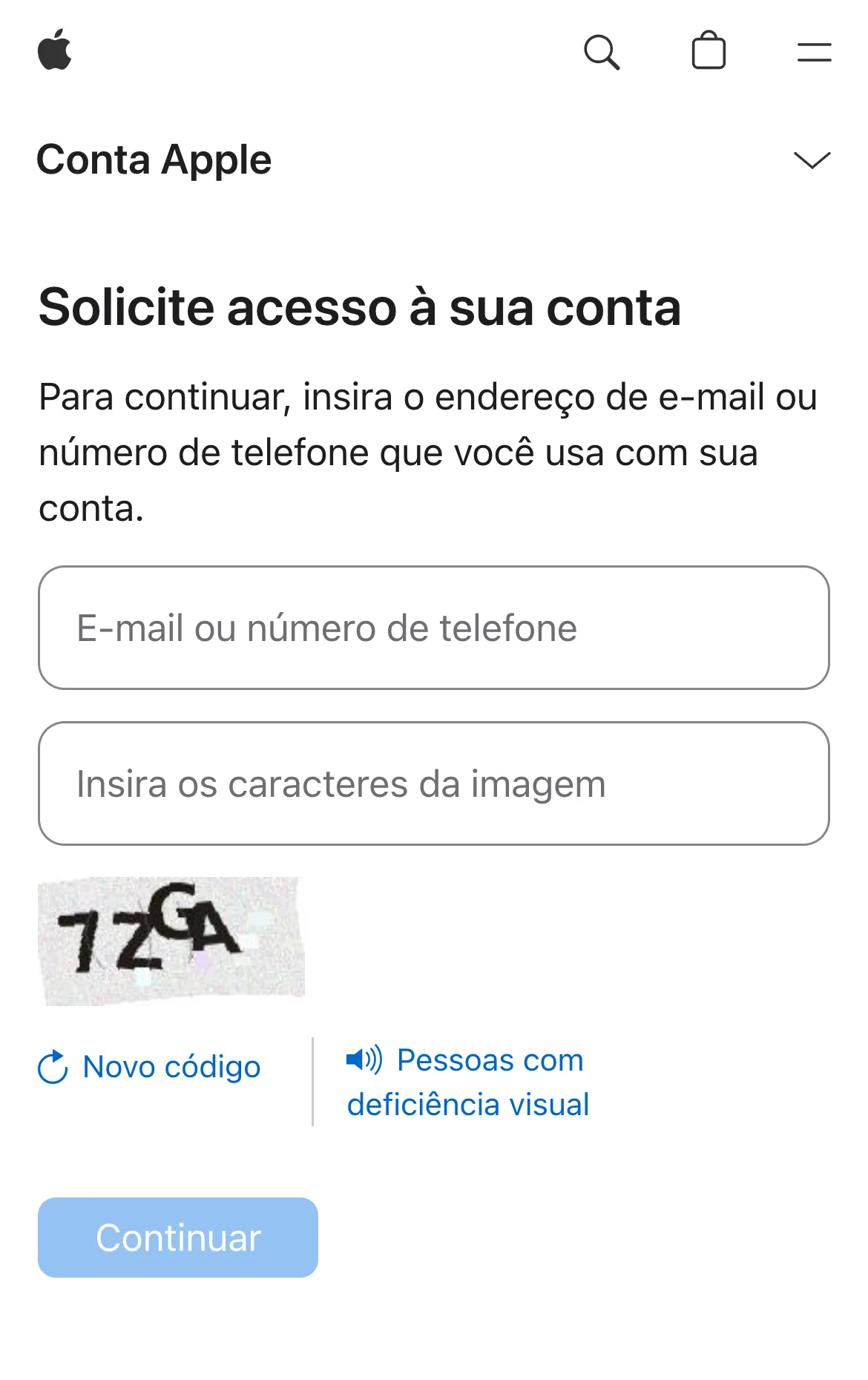 Página iforgot.apple.com/unlock aberta no navegador, com o campo para inserir o e-mail ou número de telefone da Conta Apple