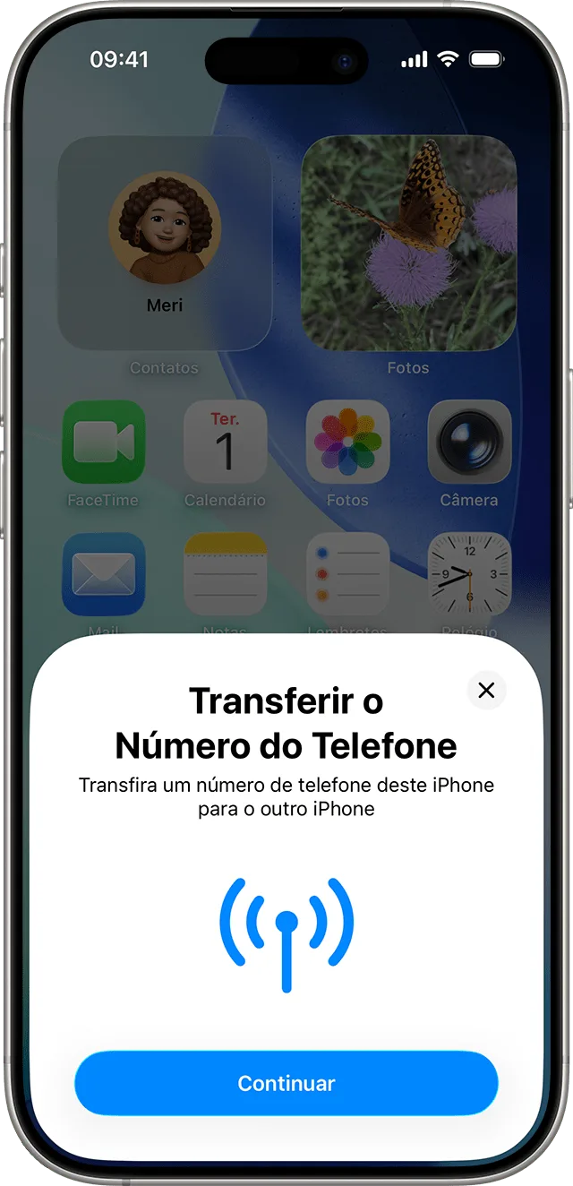 Cartão Transferir o Número do Telefone no iOS 26, com o botão Continuar para levar a linha de um iPhone para outro por perto.