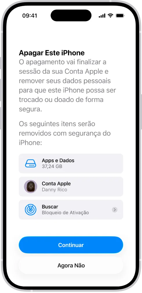 Tela “Apagar Este iPhone” no iOS 26 em pt-BR listando os itens que serão removidos com segurança (Apps e Dados, Conta Apple e Buscar/Bloqueio de Ativação) antes de tocar em Continuar