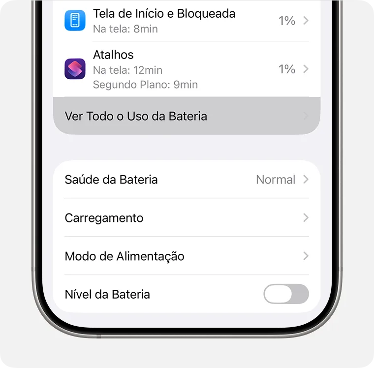 Tela Ajustes > Bateria mostrando o consumo por app e a opção “Ver Todo o Uso da Bateria” destacada