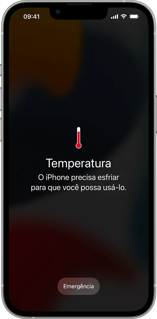 Tela de aviso de temperatura do iPhone com a mensagem “Temperatura: O iPhone precisa esfriar para que você possa usá-lo” e o botão Emergência