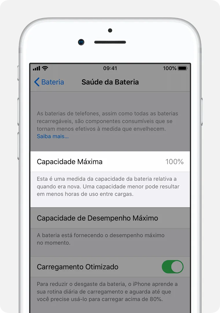 Tela Ajustes > Bateria > Saúde da Bateria com a Capacidade Máxima em 100% destacada