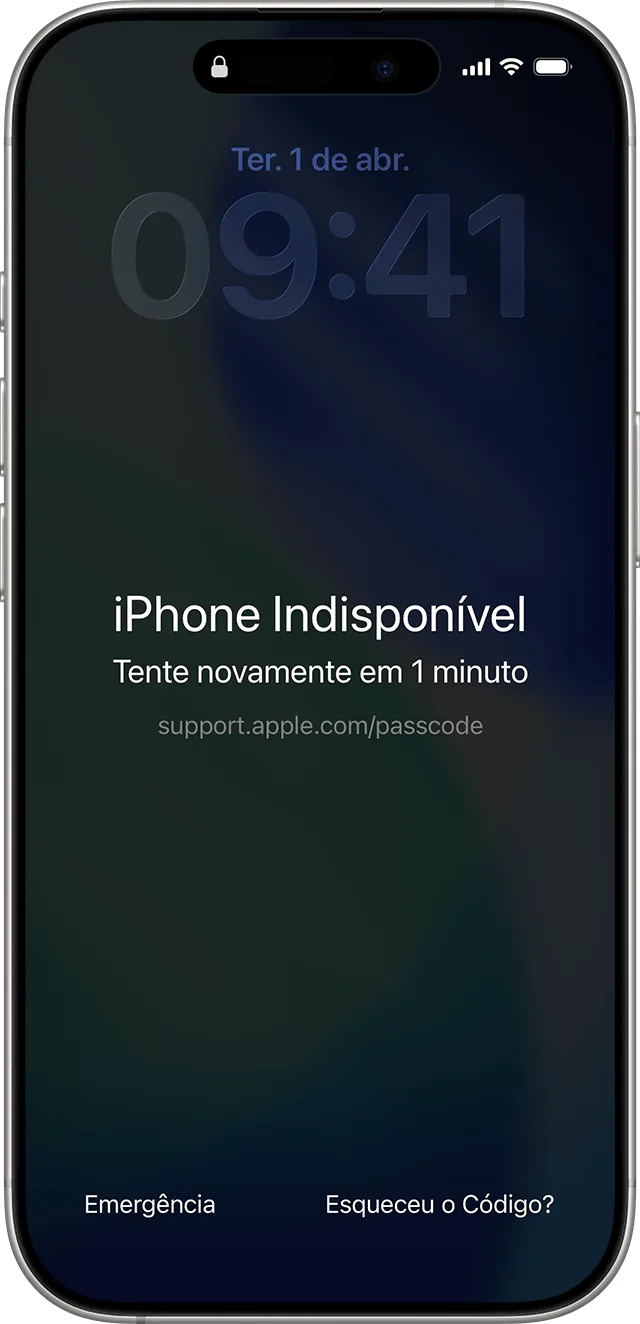 Tela Bloqueada do iPhone mostrando “iPhone Indisponível” com o aviso “Tente novamente em 1 minuto” e a opção “Esqueceu o Código?” na parte de baixo.