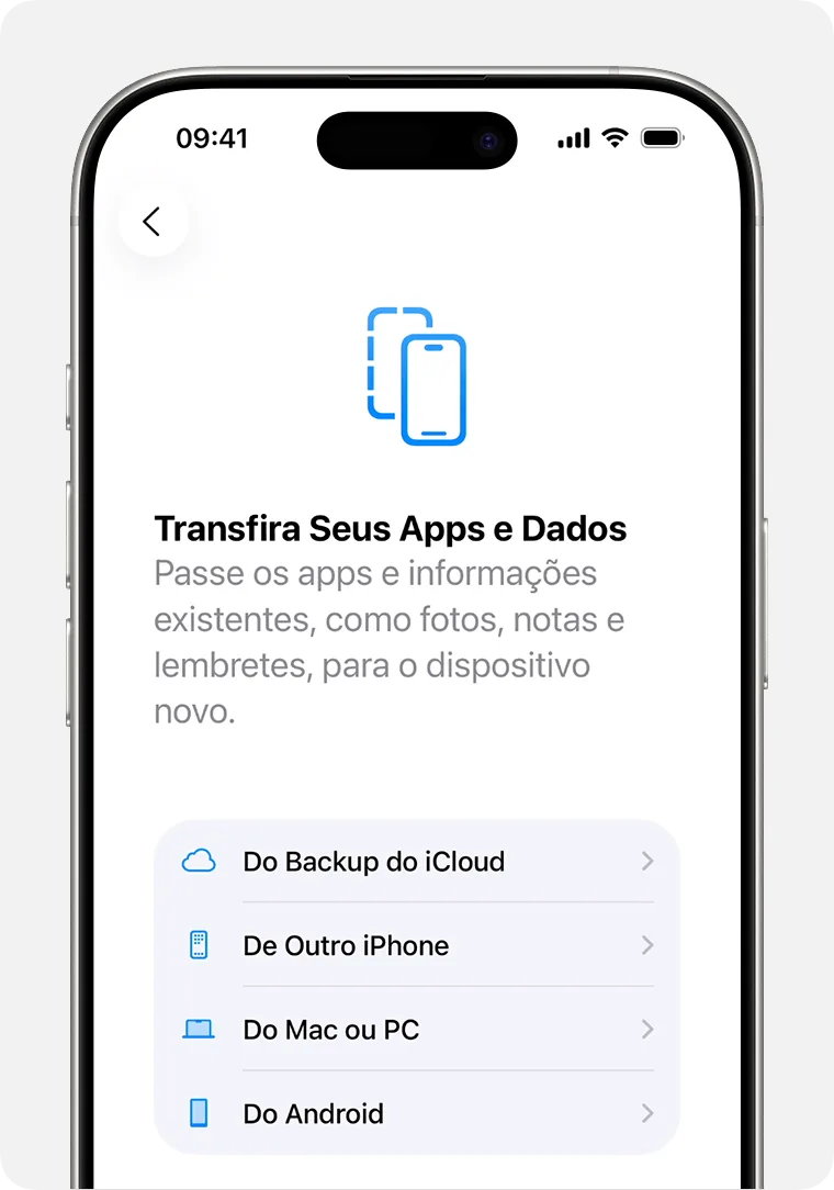 Tela “Transfira Seus Apps e Dados” durante a configuração do iPhone, com “Do Backup do iCloud” como a primeira opção da lista.