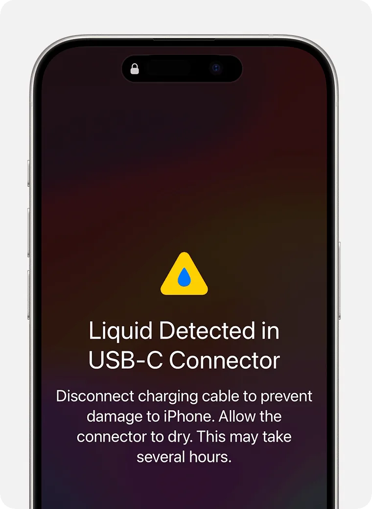 Tela de iPhone com o alerta oficial da Apple de líquido detectado no conector USB-C, pedindo para desconectar o cabo de carregamento e deixar o conector secar
