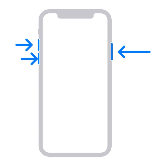 Ilustração de um iPhone com Face ID com setas indicando a sequência de botões: apertar Aumentar Volume, apertar Diminuir Volume e segurar o botão lateral
