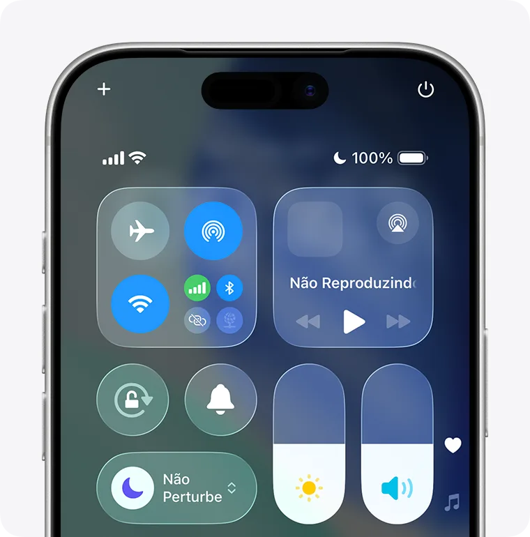 Central de Controle do iPhone com o botão de Foco mostrando a lua crescente roxa e o texto “Não Perturbe”, indicando o modo ativado.