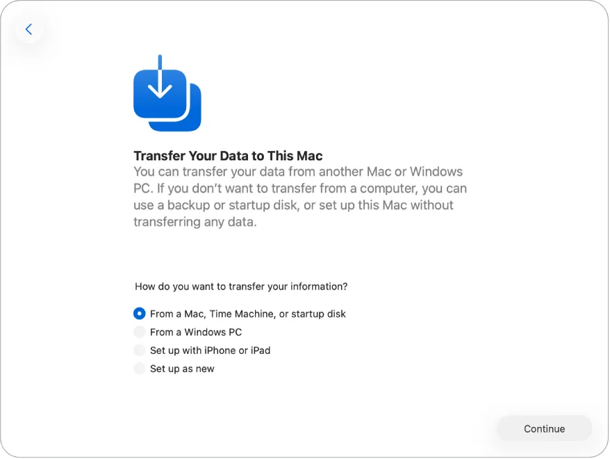 Tela do Assistente de Configuração do Mac, “Transferir dados para este Mac”, com a lista de opções de transferência e “A partir de um PC com Windows” visível entre elas.