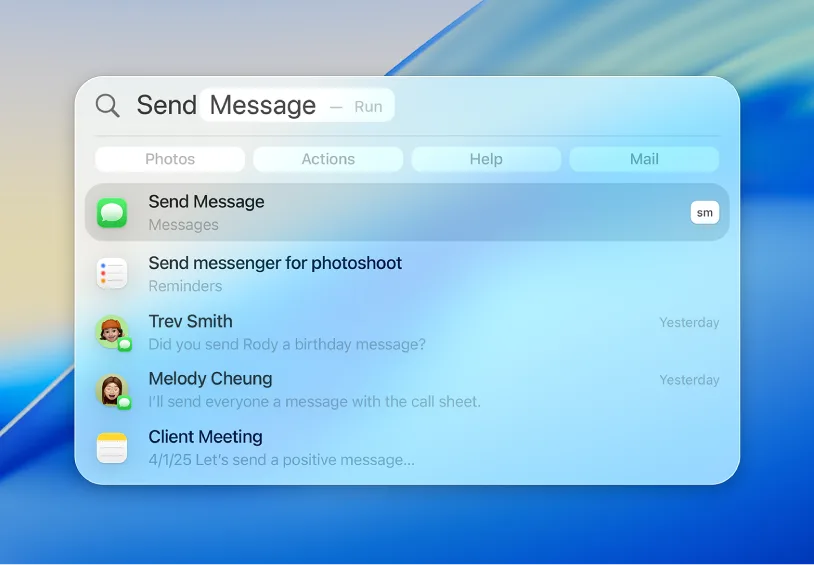 Janela de busca do Spotlight no macOS Tahoe com o nome de um app sendo digitado e o resultado correspondente destacado no topo da lista.
