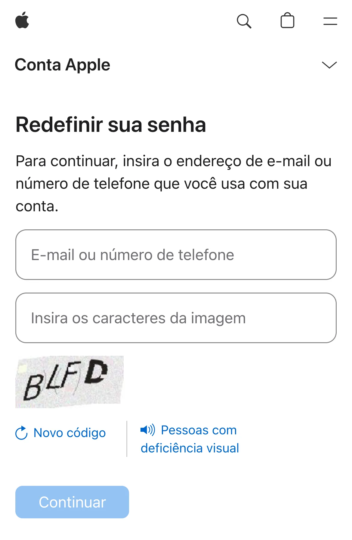 Tela de redefinição de senha no iforgot.apple.com com o campo “E-mail ou número de telefone” da Conta Apple e o campo de verificação por imagem