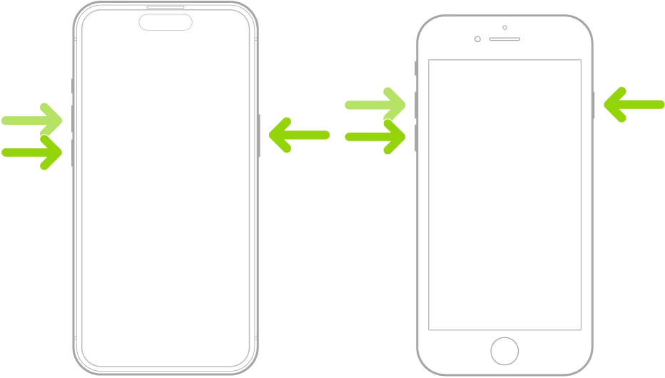 Dois modelos de iPhone virados para cima, um com Face ID e outro com botão de Início, com setas verdes apontando os dois botões de volume no lado esquerdo e o botão lateral no lado direito: os botões usados no reinício forçado.